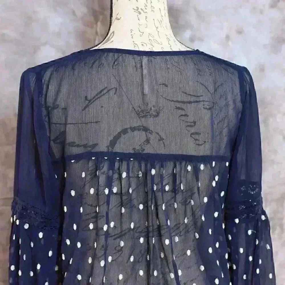 Women's Free People Size S navy blue polka dot embroidered sheer shirt - Picture 9 of 14